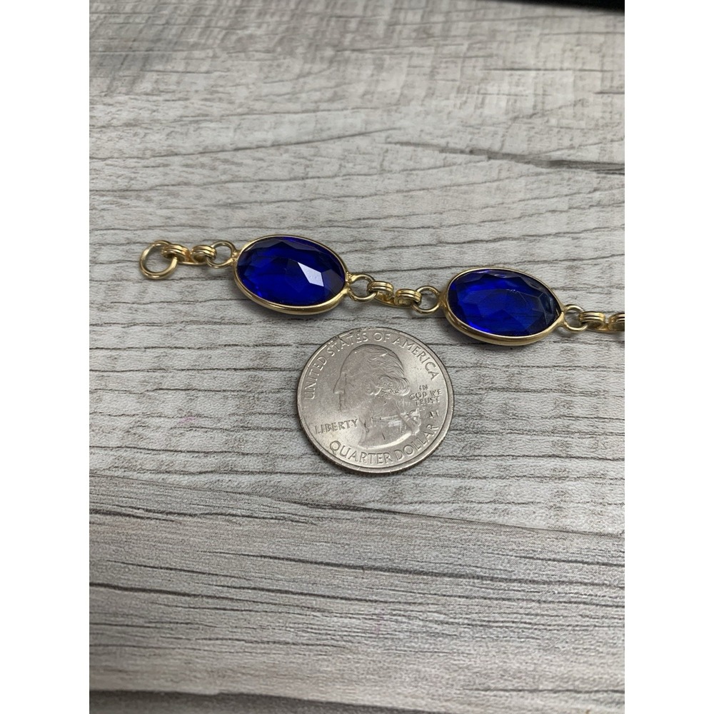 Gold-tone Chain Beaded Bracelet with Blue Oval Glass Stones, Spring Ring Closure - Picture 8 of 9
